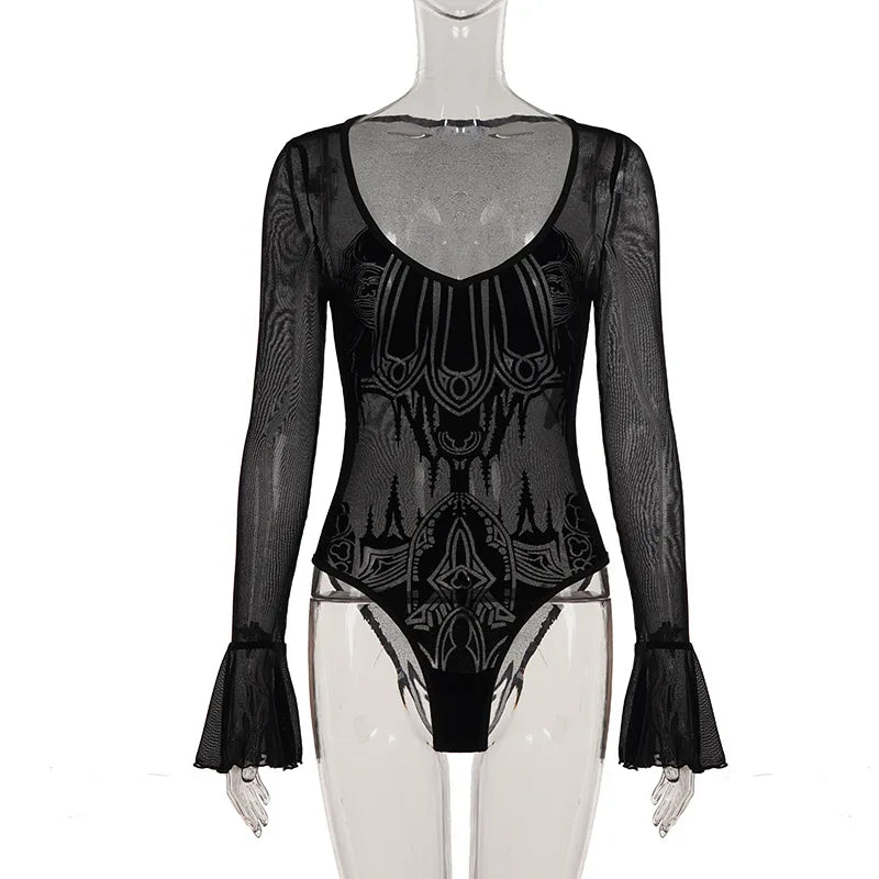 Gothic Y2K Alt Goth Cathedral Print See Through Mesh Flare Cuffs Bodysuit Top