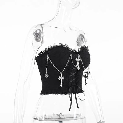 Gothic Cross Chain Lace Corset Style Top