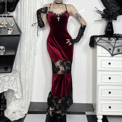 Gothic Red Burgundy Velvet Lace Spaghetti Strap Bodycon Alt Goth Long Dress