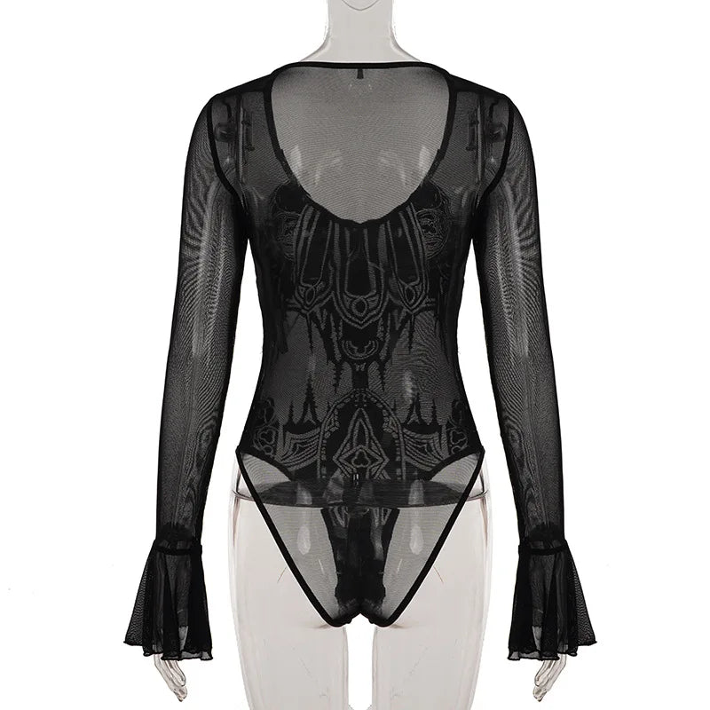 Gothic Y2K Alt Goth Cathedral Print See Through Mesh Flare Cuffs Bodysuit Top