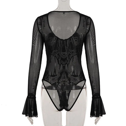 Gothic Y2K Alt Goth Cathedral Print See Through Mesh Flare Cuffs Bodysuit Top