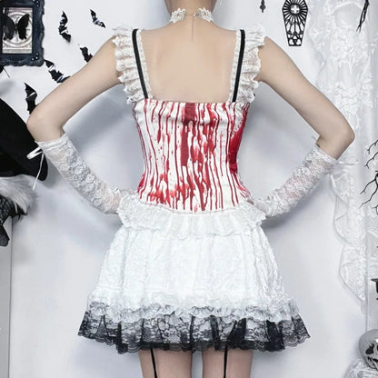 Gothic Alt Goth Halloween Blood Red Print Lace Patchwork Tank Top