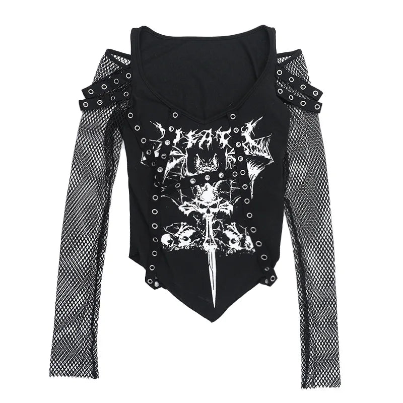 Gothic Alt Goth Punk Fishnet Sleeves Grommet Strap Patchwork Printed Top
