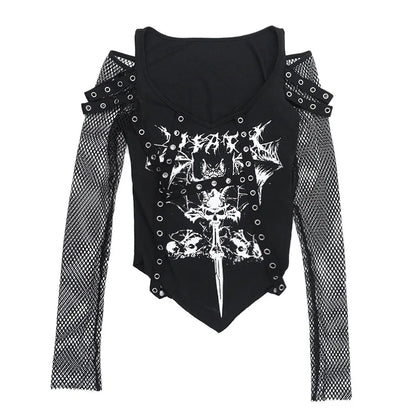 Gothic Alt Goth Punk Fishnet Sleeves Grommet Strap Patchwork Printed Top
