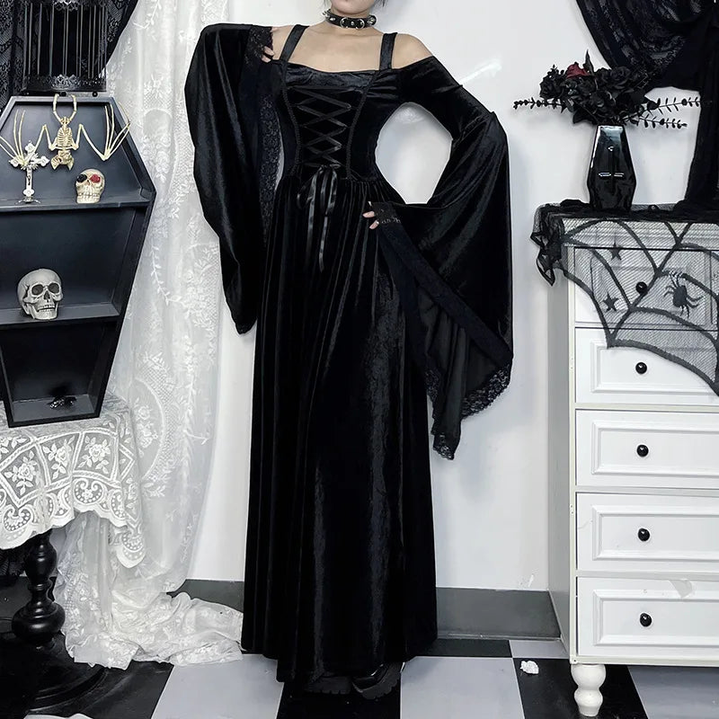 Gothic Romantic Alt Goth Cold Shoulder Bell Sleeve Lace Up Dress