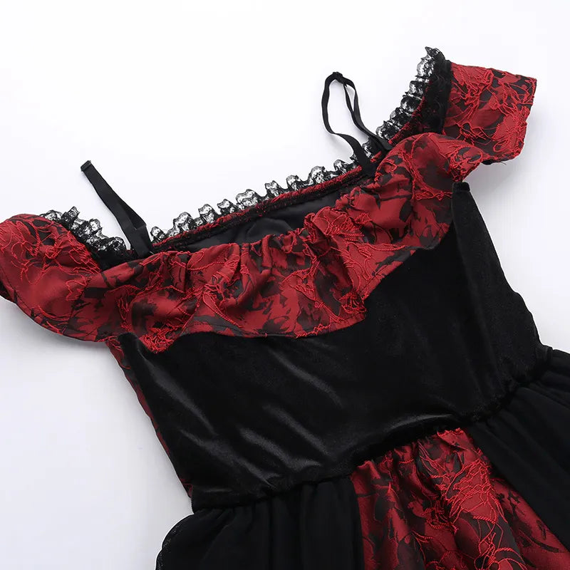 Gothic Romantic Floral Off Shoulder Lace Trim Mini Dress