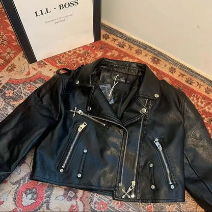 Goth Rock Cross Zipper Motorcycle Faux Leather Jacket