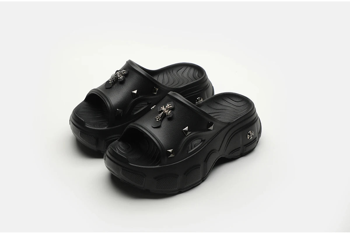 Gothic Alt Goth Cross Outdoor Platform Slippers Sandals (available in 3 colors)