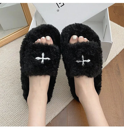 Y2K Cybergoth Faux Fur Slip On Furry Slides Slippers