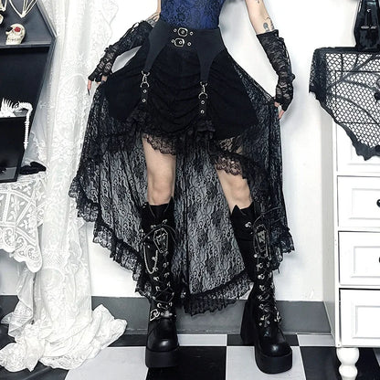 Alt Gothic Victorian Romantic Lace Mesh Irregular Hem Buckle Skirt