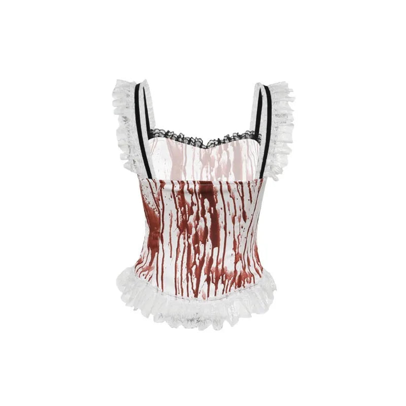 Gothic Alt Goth Halloween Blood Red Print Lace Patchwork Tank Top
