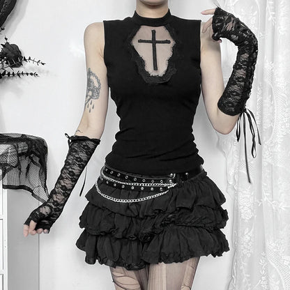 Gothic Coffin Shaped Sheer Cross Patchwork Sleeveless Top