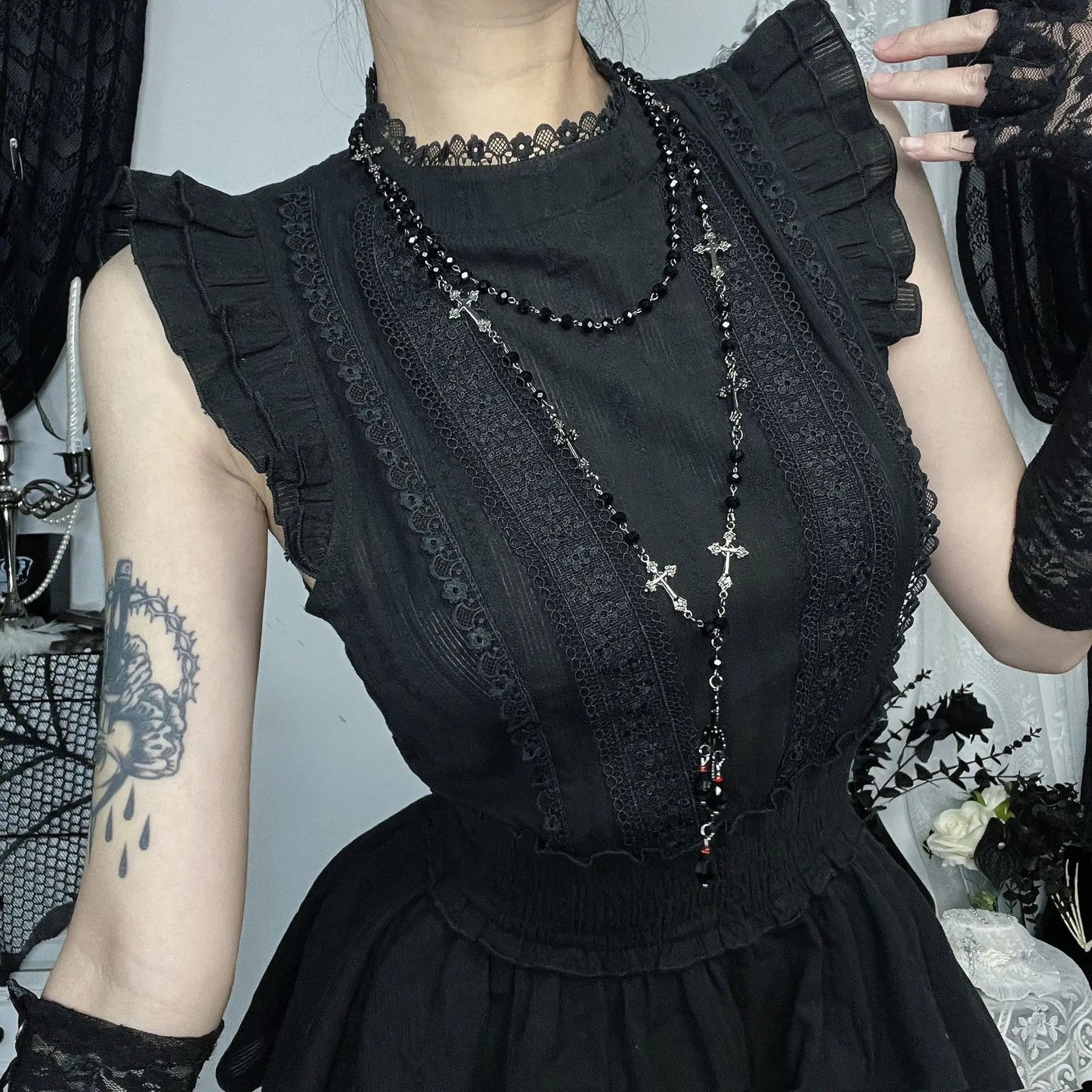 Gothic Corporate Goth Lace Patchwork High Waist Mini Dress