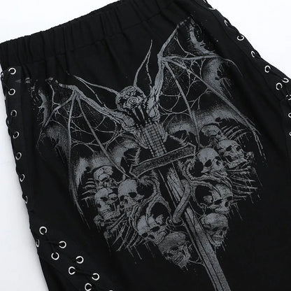 Alt Gothic Bat Skulls Print Lace Up Sides Long Skirt