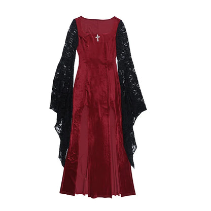 Gothic Romantic Vampire 90s Goth Black Lace Patchwork Red Velvet Double High Slit Long Bodycon Dress
