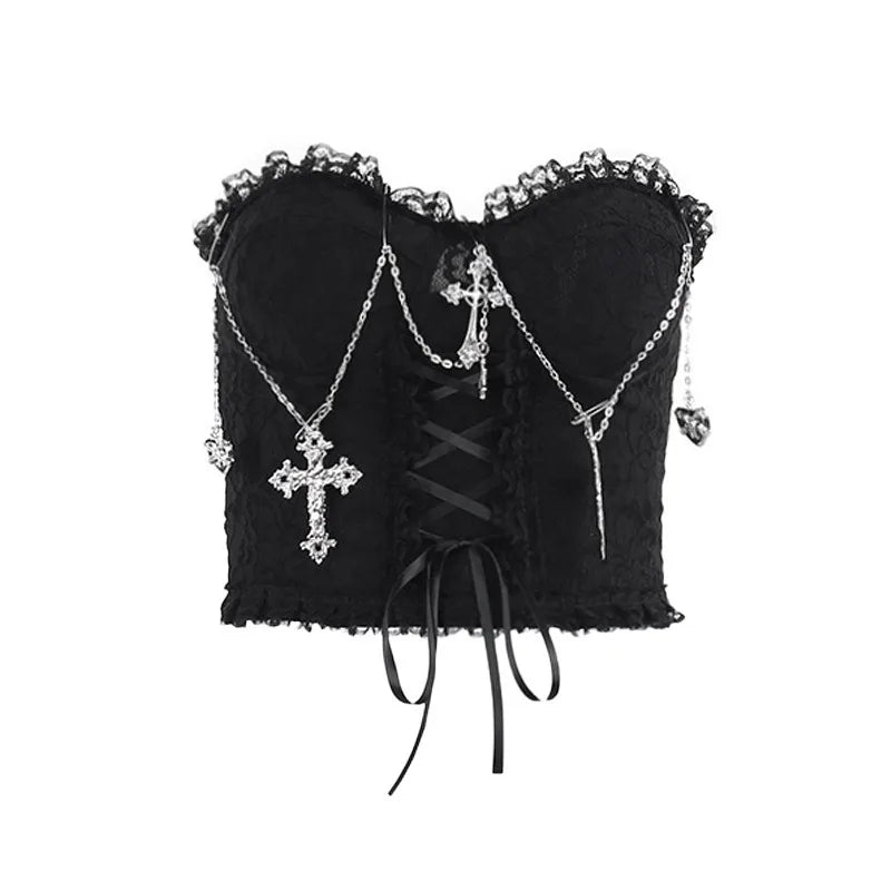 Gothic Cross Chain Lace Corset Style Top