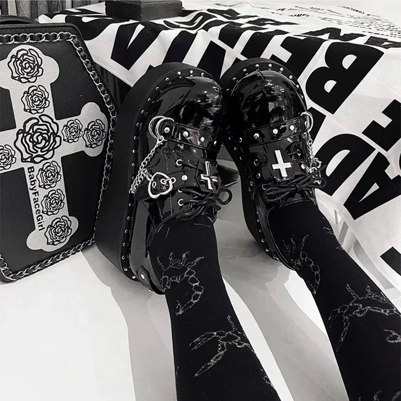Gothic Lolita Y2K Alt Goth Cross Chain Heart Chunky Platform Shoes