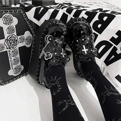 Gothic Lolita Y2K Alt Goth Cross Chain Heart Chunky Platform Shoes