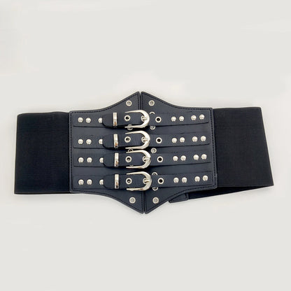 Gothic Alt Goth Studded Multiple Buckles Wide Elastic Cummerbund Belt