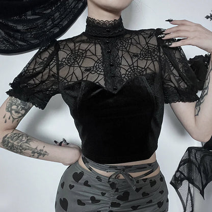 Gothic Spider Web Sheer Puff Sleeves Lace Top