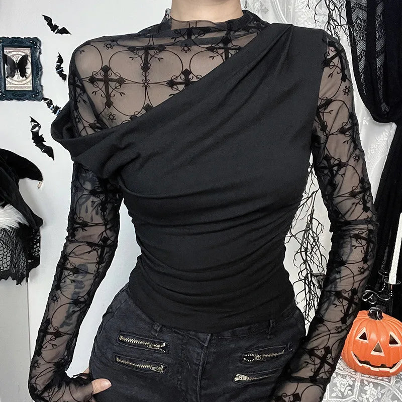 Gothic Alt Goth Y2K Cross Mesh Patchwork Shirt Top