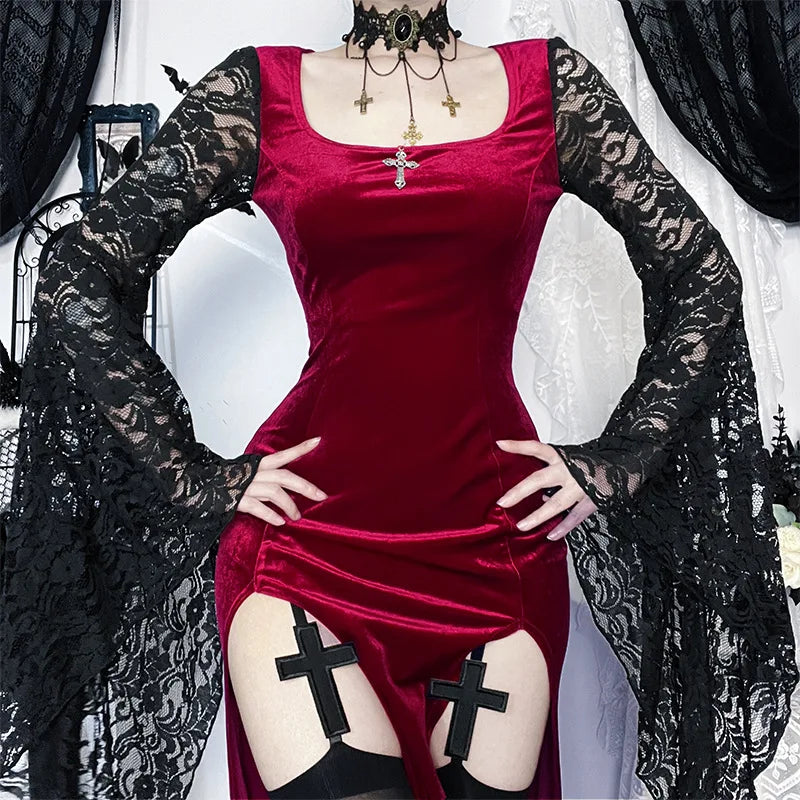 Gothic Romantic Vampire 90s Goth Black Lace Patchwork Red Velvet Double High Slit Long Bodycon Dress