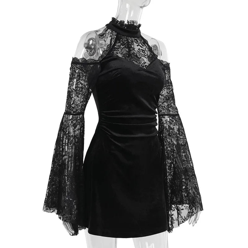 Gothic Alt Goth Cold Shoulder Bell Lace Sleeves Halter Mini Dress
