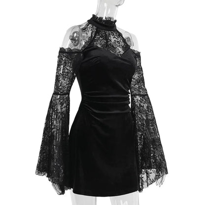 Gothic Alt Goth Cold Shoulder Bell Lace Sleeves Halter Mini Dress