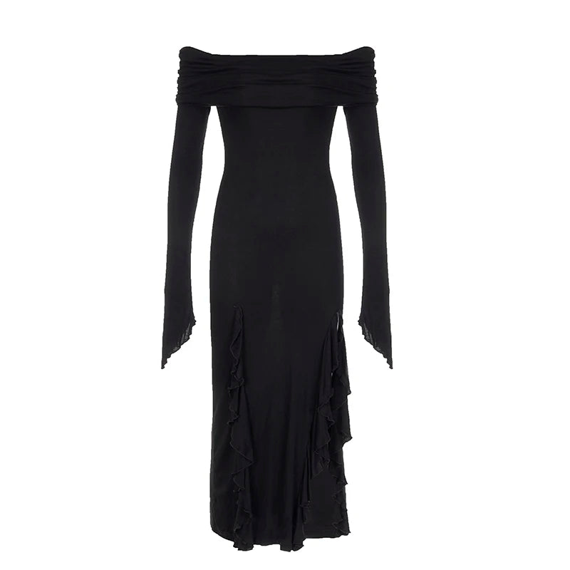 Gothic Romantic Goth Off Shoulder Ruffle Slit Long Sleeve Bodycon Long – ROCK 'N DOLL