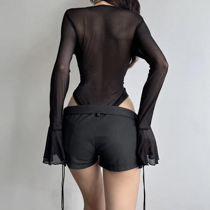 Gothic Y2K Alt Goth Cathedral Print See Through Mesh Flare Cuffs Bodysuit Top