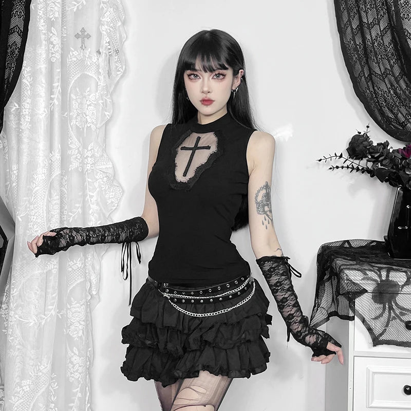 Gothic Coffin Shaped Sheer Cross Patchwork Sleeveless Top