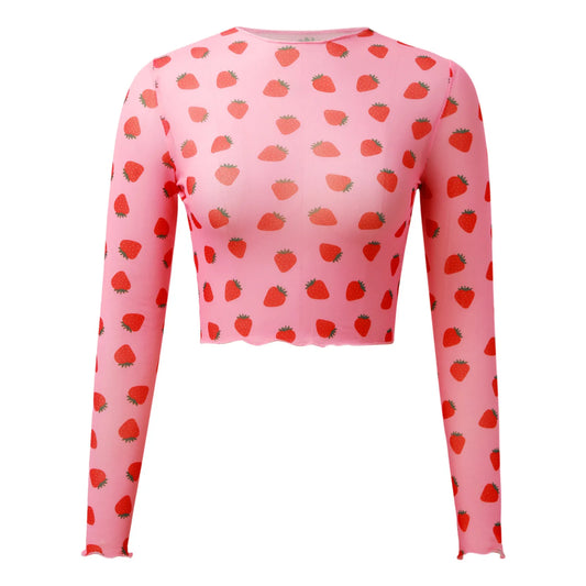 Y2K Strawberry Print Pink Mesh Long Sleeve Shirt Top