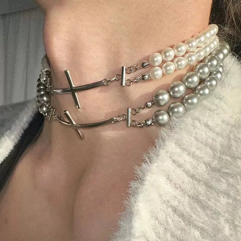 Gothic Y2K Pearl Cross Charm Choker Necklace