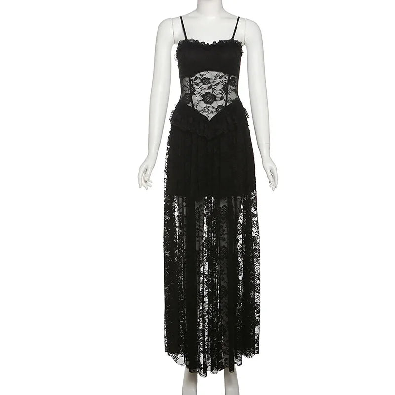 Gothic Lace Jacquard Patchwork Summer Spaghetti Strap Long Dress