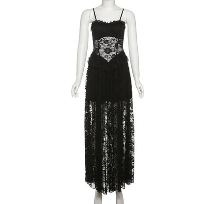 Gothic Lace Jacquard Patchwork Summer Spaghetti Strap Long Dress