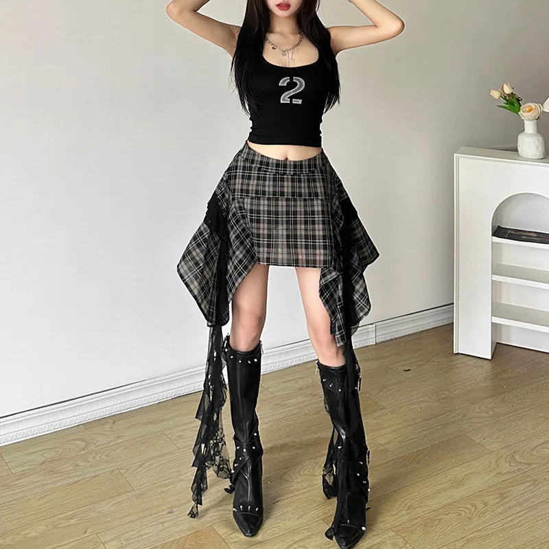 Alt Gothic Y2K Plaid Irregular Design Mini Skirt