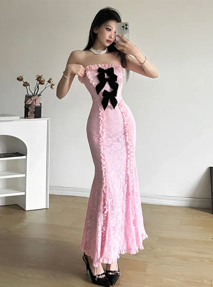 Coquette Pink Long Pleated Bow Tie Chest Wrap Dress