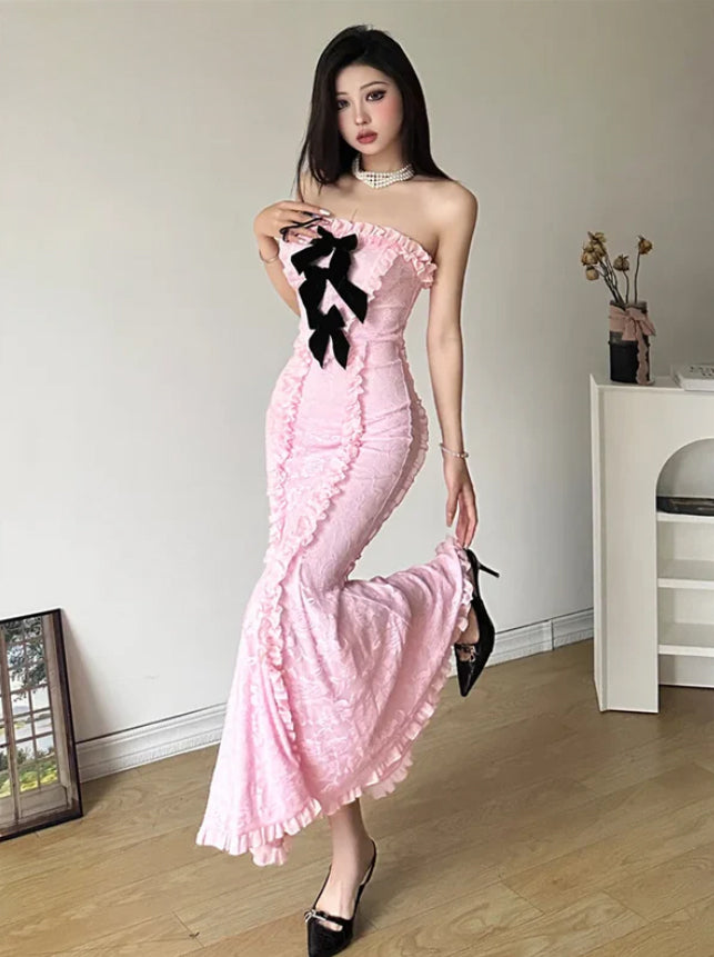 Coquette Pink Long Pleated Bow Tie Chest Wrap Dress – ROCK 'N DOLL