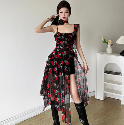 Gothic Alt Whimsigoth Floral Print Sheer Mesh Irregular Sling Dress