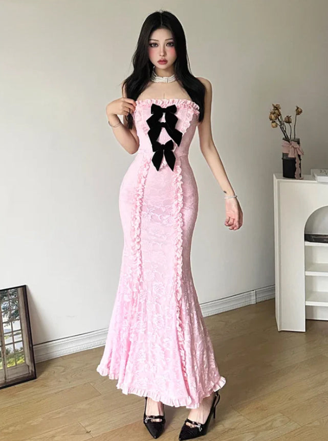 Coquette Pink Long Pleated Bow Tie Chest Wrap Dress – ROCK 'N DOLL