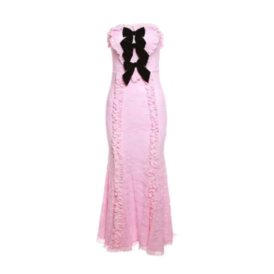 Coquette Pink Long Pleated Bow Tie Chest Wrap Dress