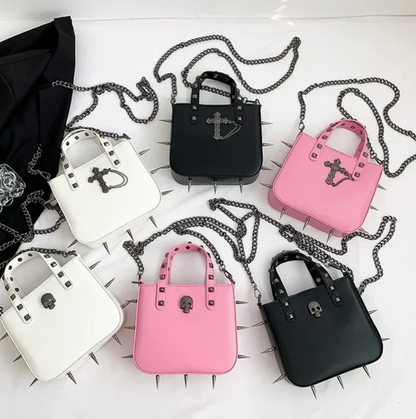 Gothic Alt Goth Cross Skull Spikes Chain Strap Crossbody Bag (available in 3 colors)