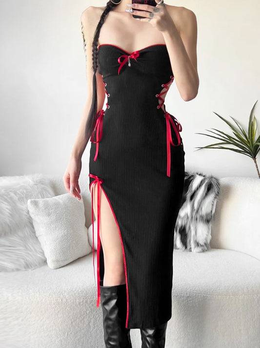 Gothic Alt Red Lace Up Hollow Out High Slit Tube Dress