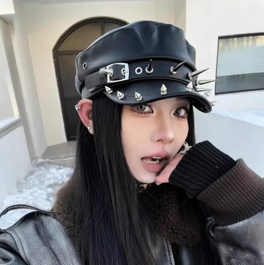 Gothic Alt Goth Harajuku Punk Skull Spikes PU Leather NewsBoy Beret Hat