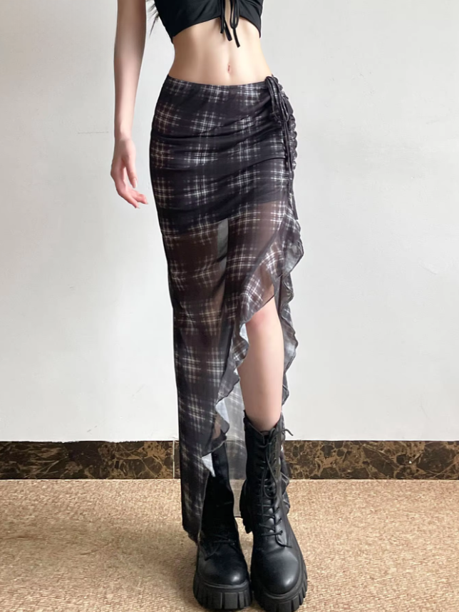 Alt Gothic Y2K Plaid Ruffles See Through Slit Skirt