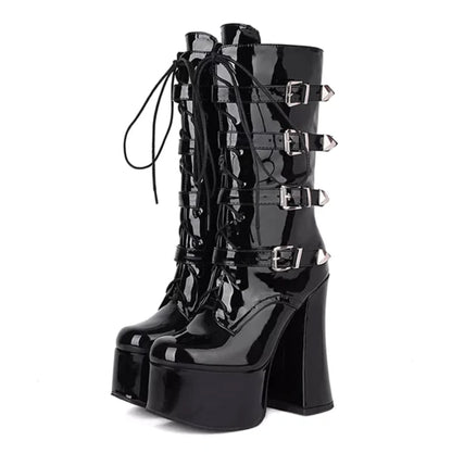 Gothic Lace Up Buckled Platform Heels Boots