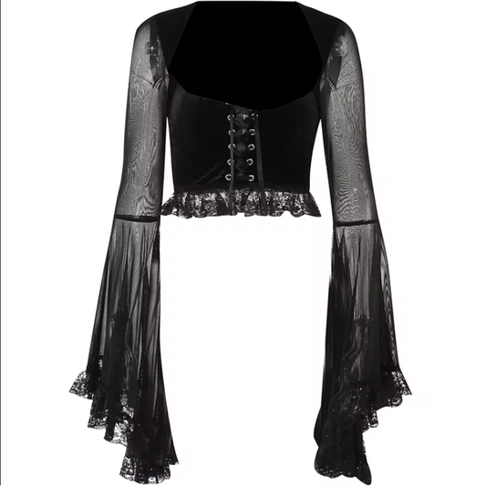 Gothic Velvet Lace Bell Sleeve Lace Up Front Top