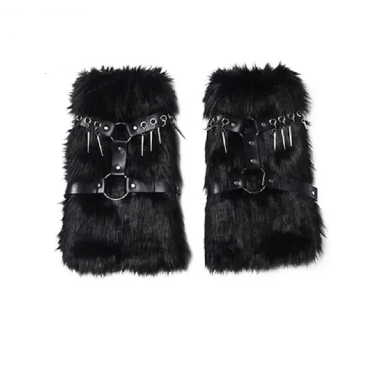 Gothic Y2K Cybergoth Faux Fur Spikes Straps Leg Warmers