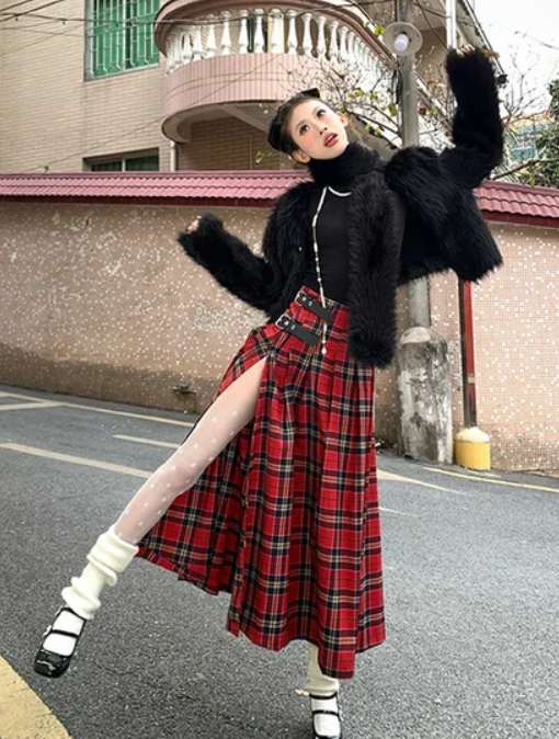 Gothic Grunge 90s Buckled Pleated Red Plaid A-Line Skirt