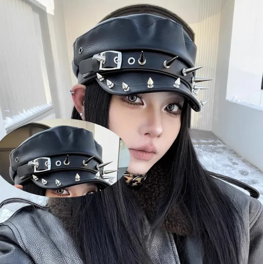 Gothic Alt Goth Harajuku Punk Skull Spikes PU Leather NewsBoy Beret Hat